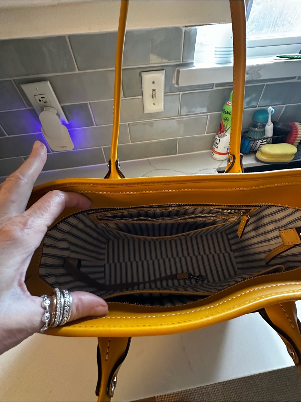 Dooney & Bourke Mustard Yellow Leather Tote with Front Pocket - Picture 7 of 8